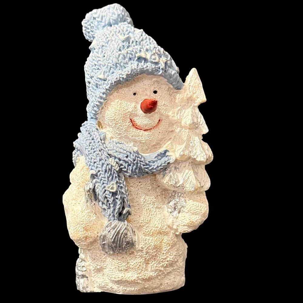 Blue and White Textured Snowman Figurine with Frosted Tree and Silver Glitter